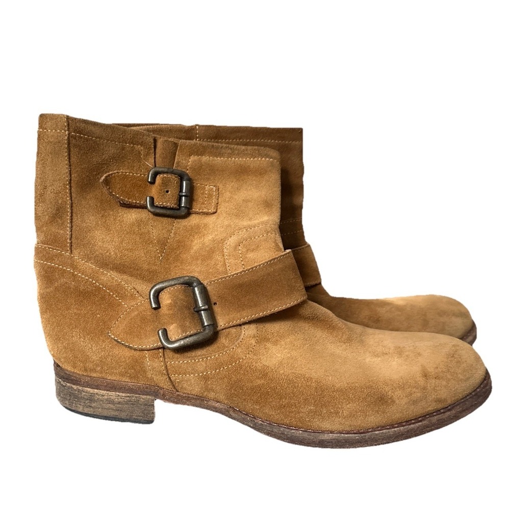 Saks Fifth Avenue Italy 10022 Honey Brown Suede Ankle Engineer Boots Womens 39.5